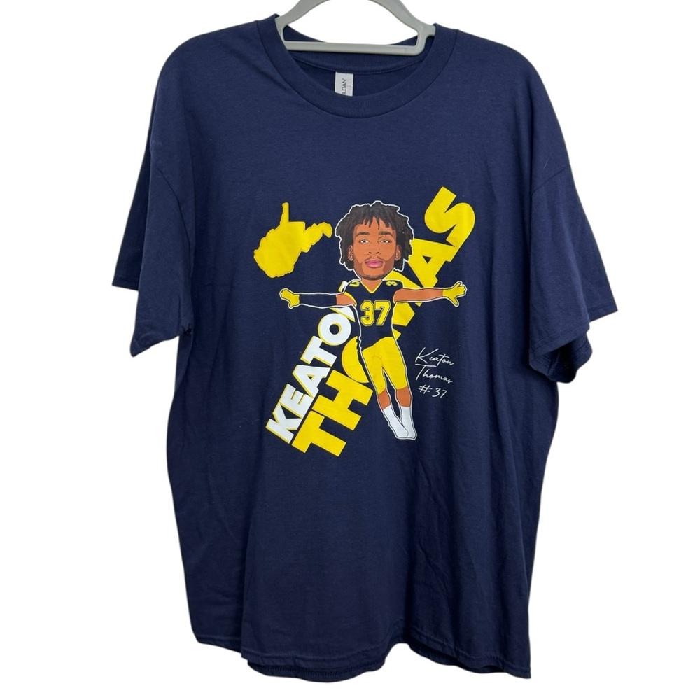 Men’s Keaton Thomas #37 West Virginia Navy Blue Graphic Tee Size XL